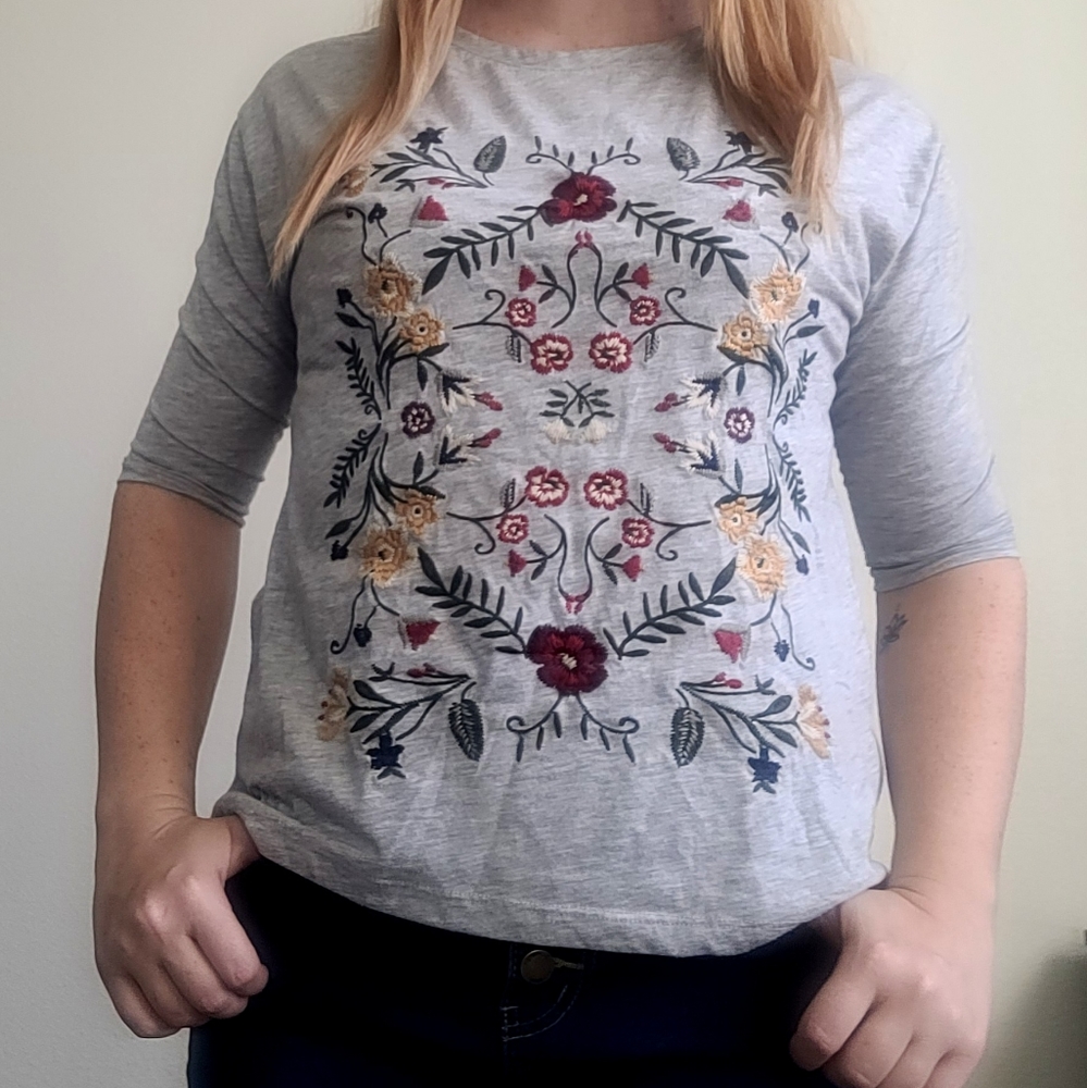 stradivarius grey 3/4 sleeve top